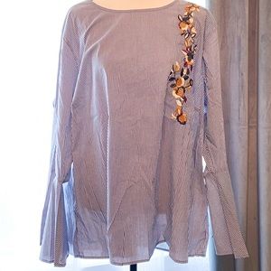 Blue striped bell sleeve blouse with embroidery